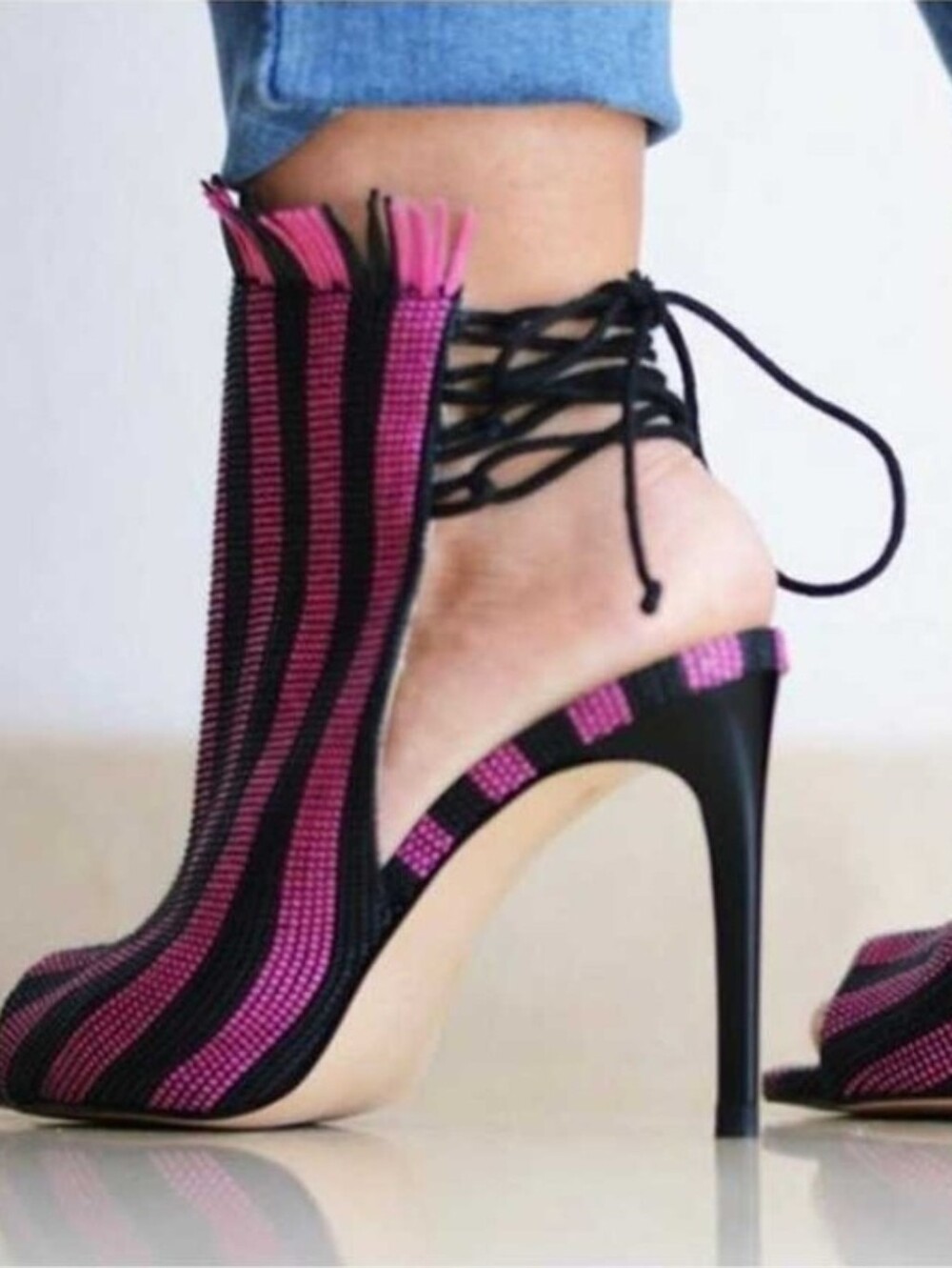 Zara Pink & Black Striped Lace-Up High Heel Sandals